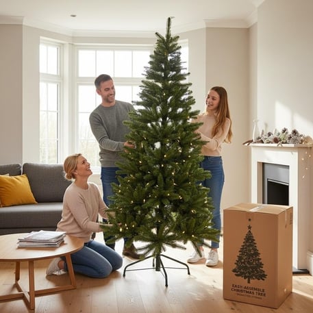 UK family setting up artificial Christmas tree showing convenience and ease.