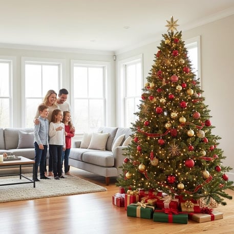 Beautiful artificial Christmas tree in modern UK living room.
