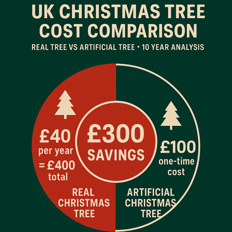 UK cost comparison chart showing artificial Christmas tree savings over 10 years.