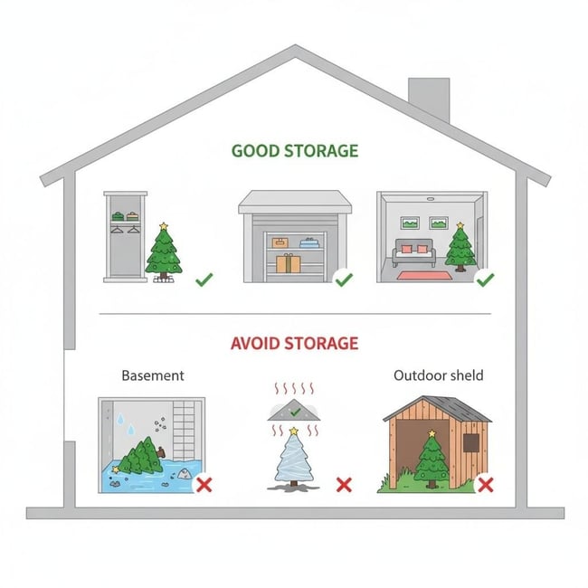 Best and worst storage locations for artificial Christmas trees infographic