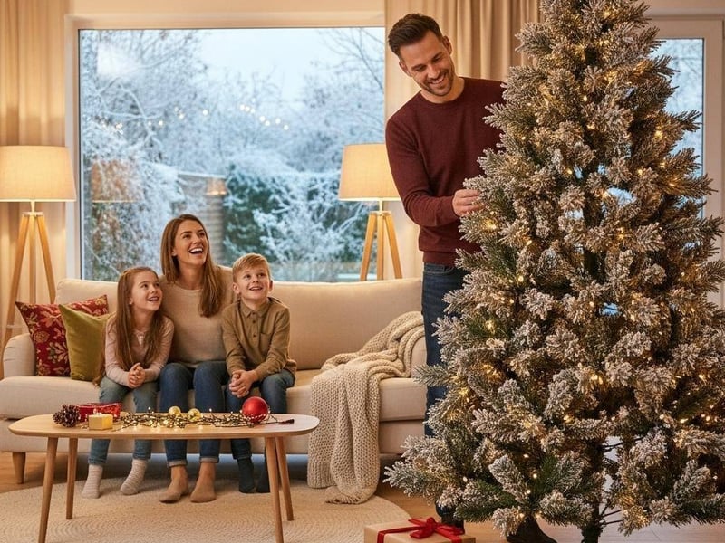 Family assembling artificial Christmas tree showing hinged branch construction and proper height setup techniques