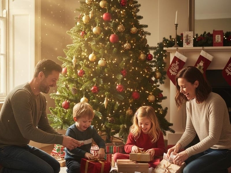 Magical Christmas morning scene with perfectly sized artificial tree creating festive atmosphere in UK home