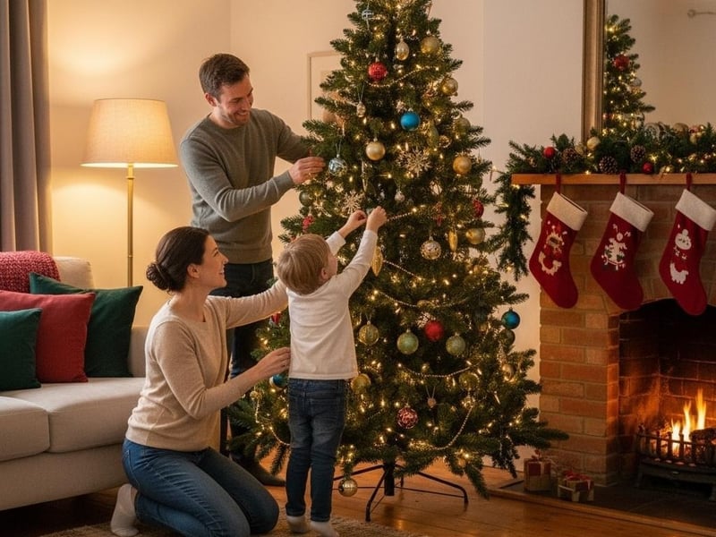 Perfect 7-foot artificial Christmas tree in a standard UK living room showing ideal proportions and placement