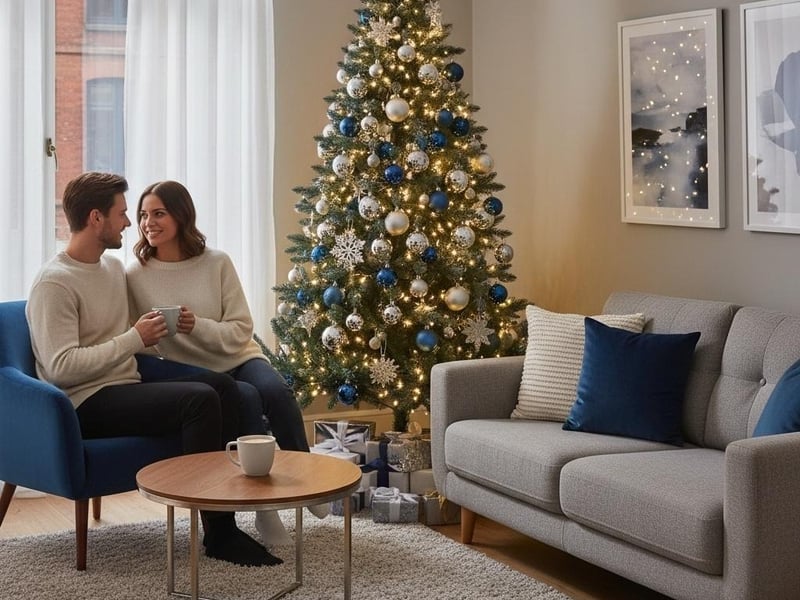 Successful small apartment Christmas tree setup showing optimal width-to-height ratios for compact UK living spaces