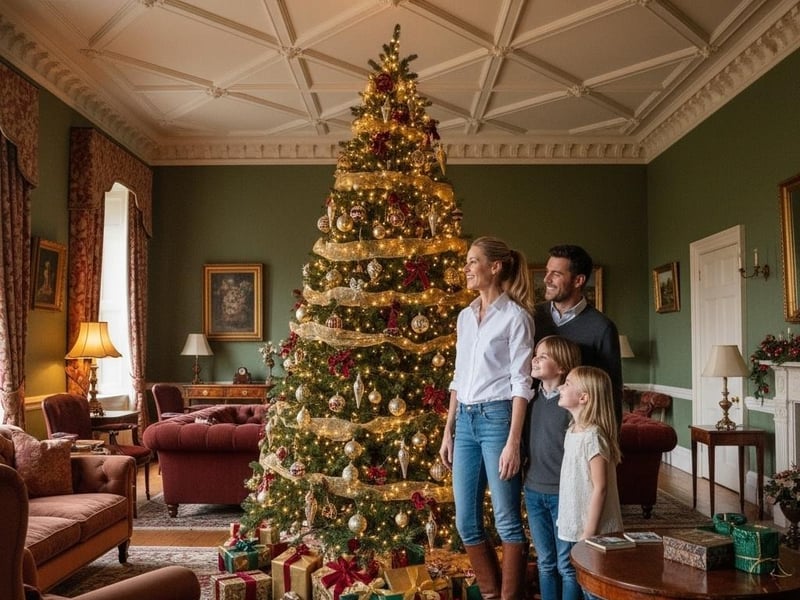 Stunning 8-foot artificial Christmas tree in a UK period home with high ceilings showcasing perfect proportions